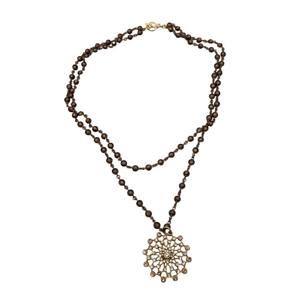 Gold Tone Rhinestone Floral Pendant Double Chain Necklace Toggle Closure 21 Inch